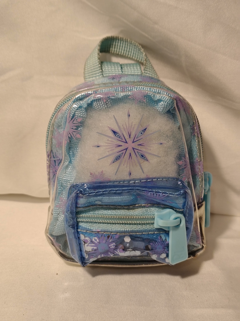 Children's Mini Backpack Purse in Light Blue with Purple Snowflake Design